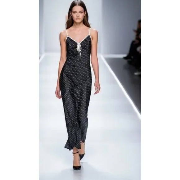 NWT RUMORED Daytona Maxi Slip Dress in Betty Dot Black White Satin L
